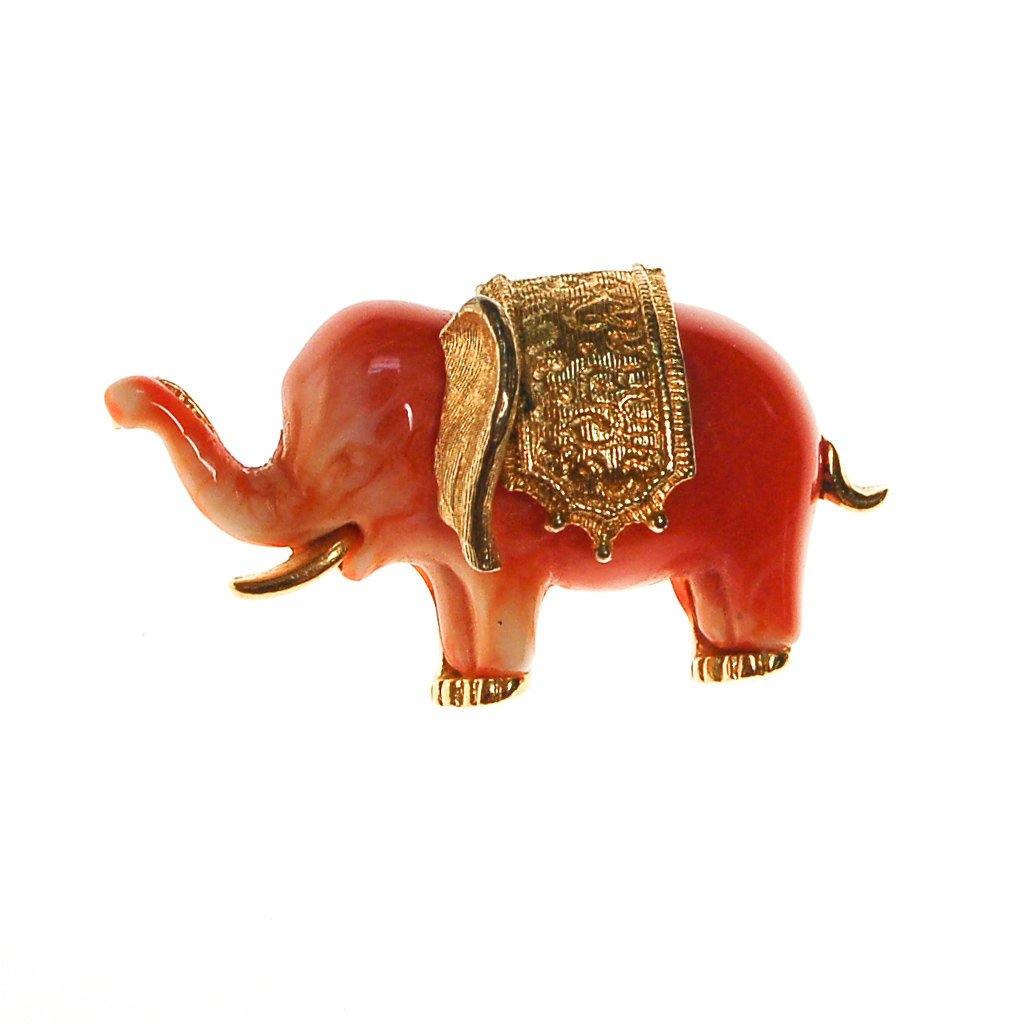 Faux Coral Elephant Brooch