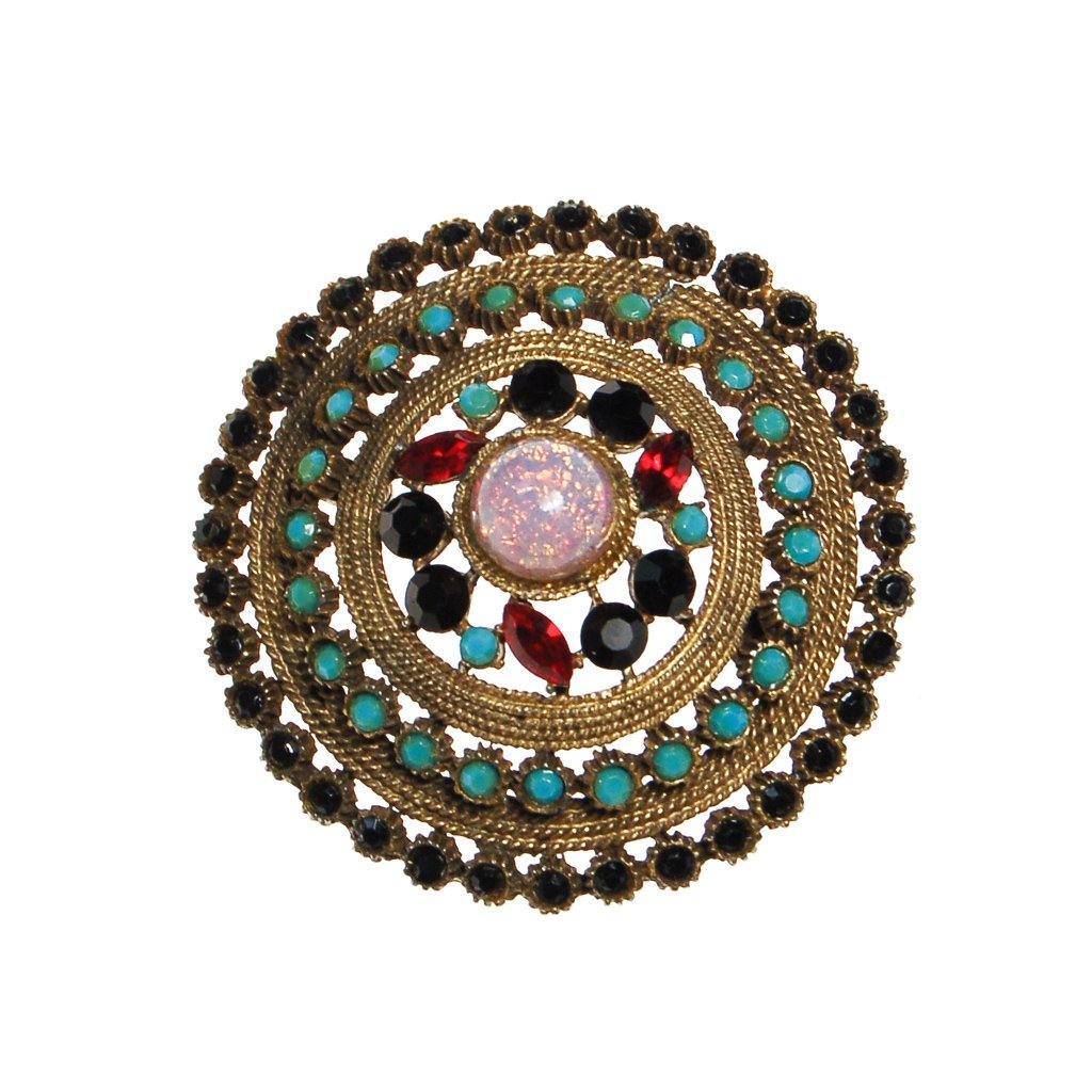 Fire Opal, Garnet, Turquoise, Jet Black Rhinestone Medallion Pendant by Unsigned Beauty - Vintage Meet Modern Vintage Jewelry - Chicago, Illinois - #oldhollywoodglamour #vintagemeetmodern #designervintage #jewelrybox #antiquejewelry #vintagejewelry