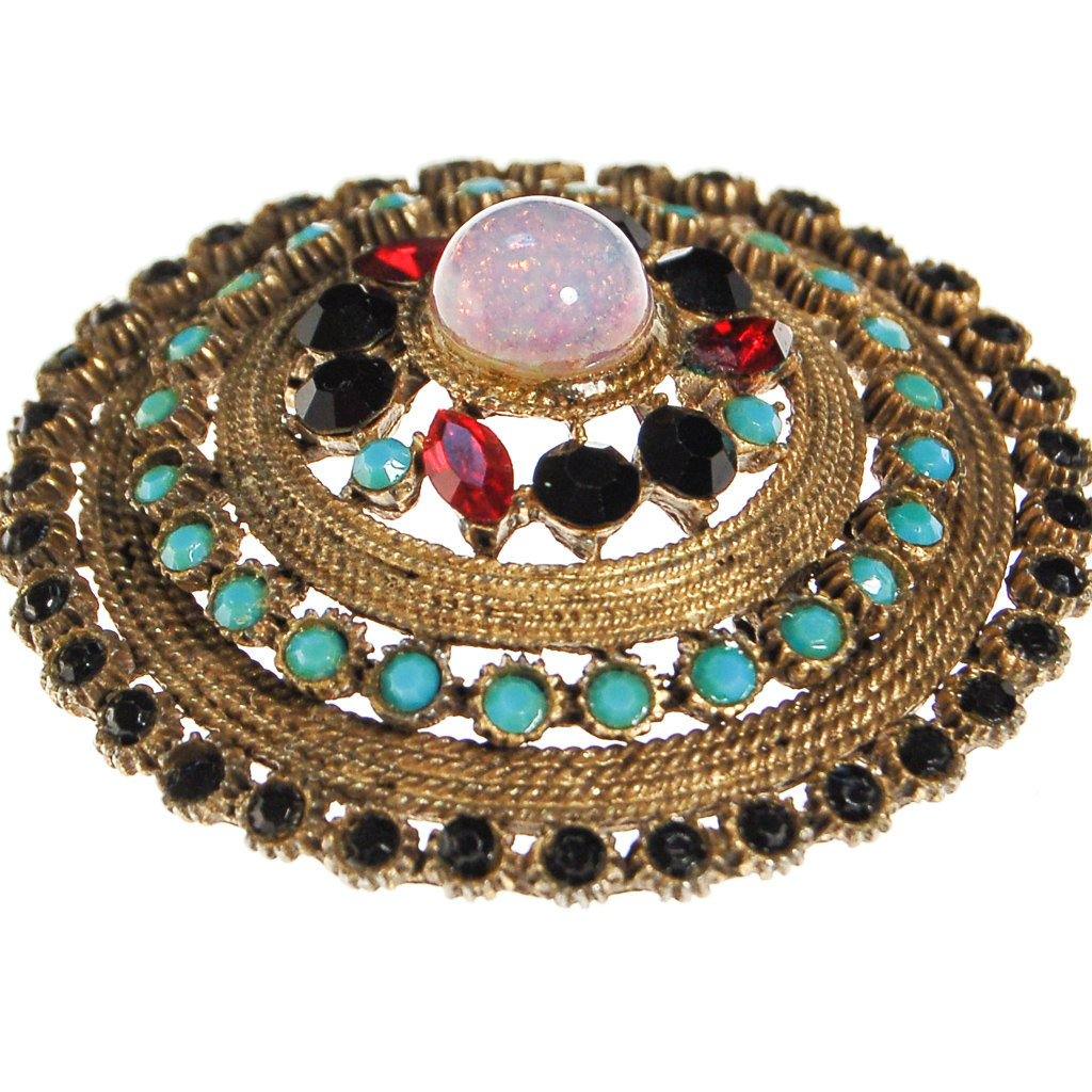 Fire Opal, Garnet, Turquoise, Jet Black Rhinestone Medallion Pendant by Unsigned Beauty - Vintage Meet Modern Vintage Jewelry - Chicago, Illinois - #oldhollywoodglamour #vintagemeetmodern #designervintage #jewelrybox #antiquejewelry #vintagejewelry