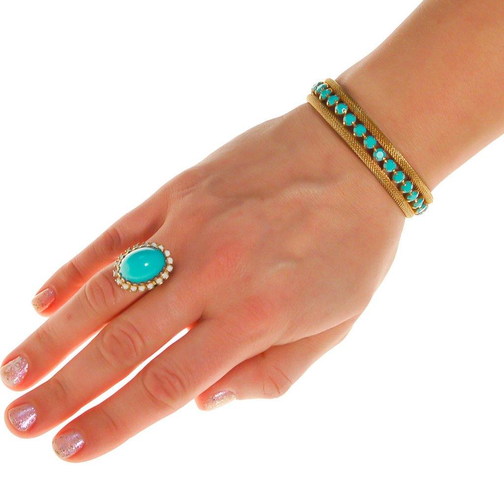 Gold and Turquoise Cuff Bracelet by Unsigned Beauty - Vintage Meet Modern Vintage Jewelry - Chicago, Illinois - #oldhollywoodglamour #vintagemeetmodern #designervintage #jewelrybox #antiquejewelry #vintagejewelry