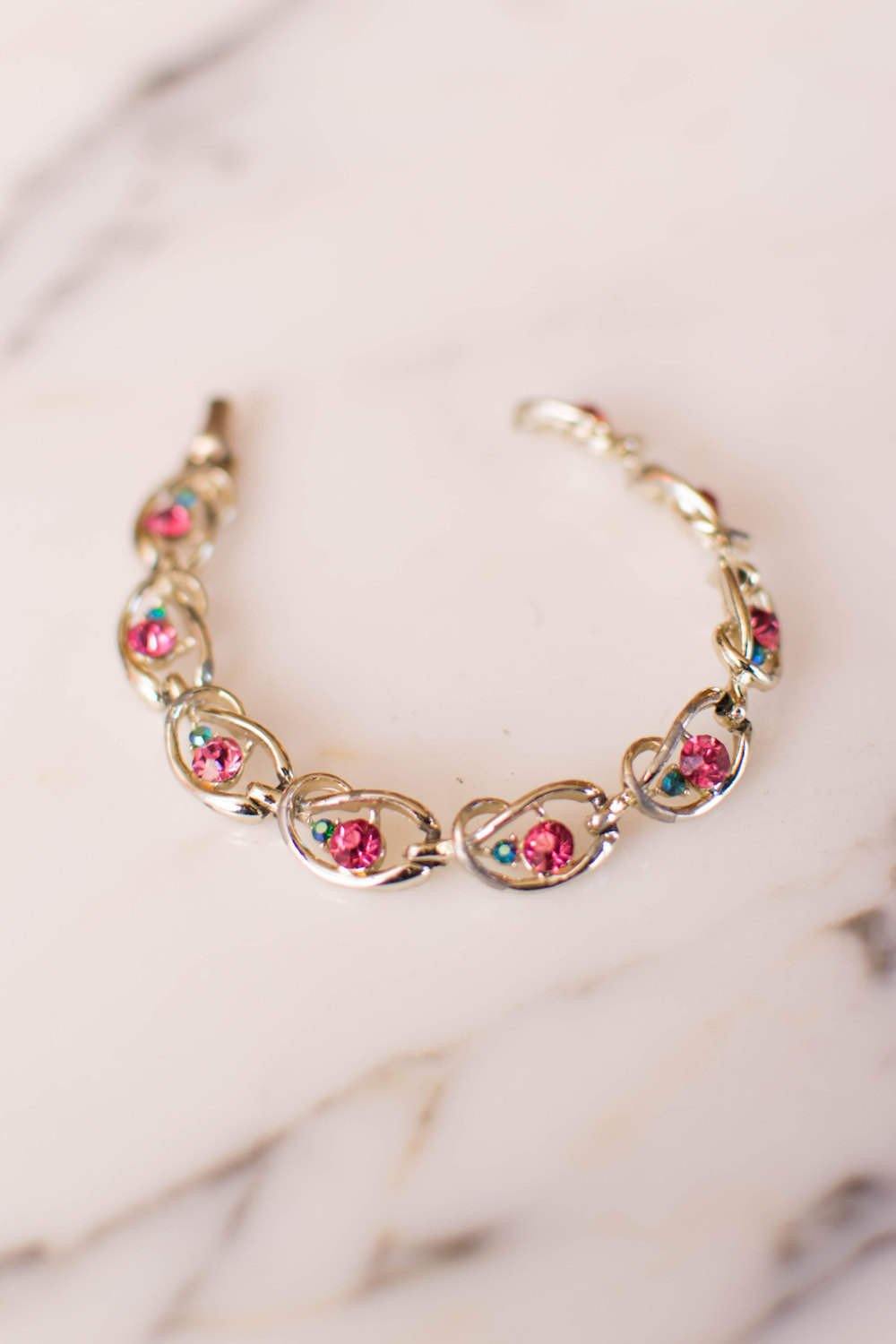 Coro Pink and Blue Rhinestone Bracelet by Coro - Vintage Meet Modern Vintage Jewelry - Chicago, Illinois - #oldhollywoodglamour #vintagemeetmodern #designervintage #jewelrybox #antiquejewelry #vintagejewelry
