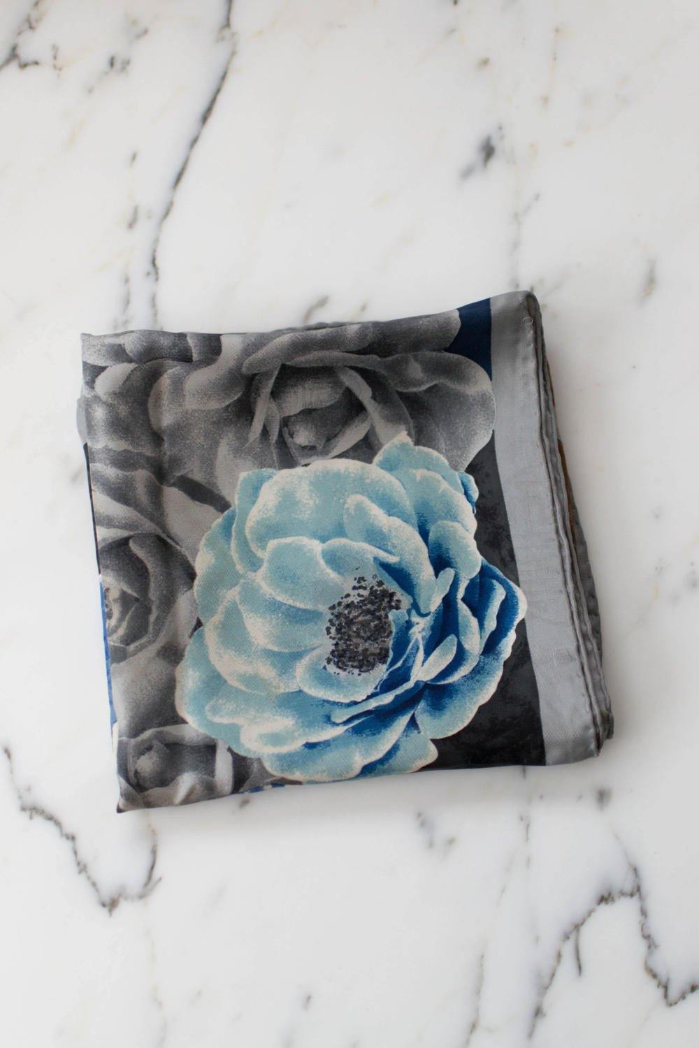 Kenzo Floral Silk Scarf, Gray, Black, White, Tan, Blue, Square Shape by Kenzo - Vintage Meet Modern Vintage Jewelry - Chicago, Illinois - #oldhollywoodglamour #vintagemeetmodern #designervintage #jewelrybox #antiquejewelry #vintagejewelry