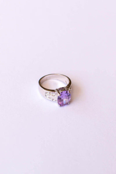 Iolite Oval Solitaire Ring with Pave Cubic Ziroconia Accents set in Silver Tone by Iolite - Vintage Meet Modern Vintage Jewelry - Chicago, Illinois - #oldhollywoodglamour #vintagemeetmodern #designervintage #jewelrybox #antiquejewelry #vintagejewelry