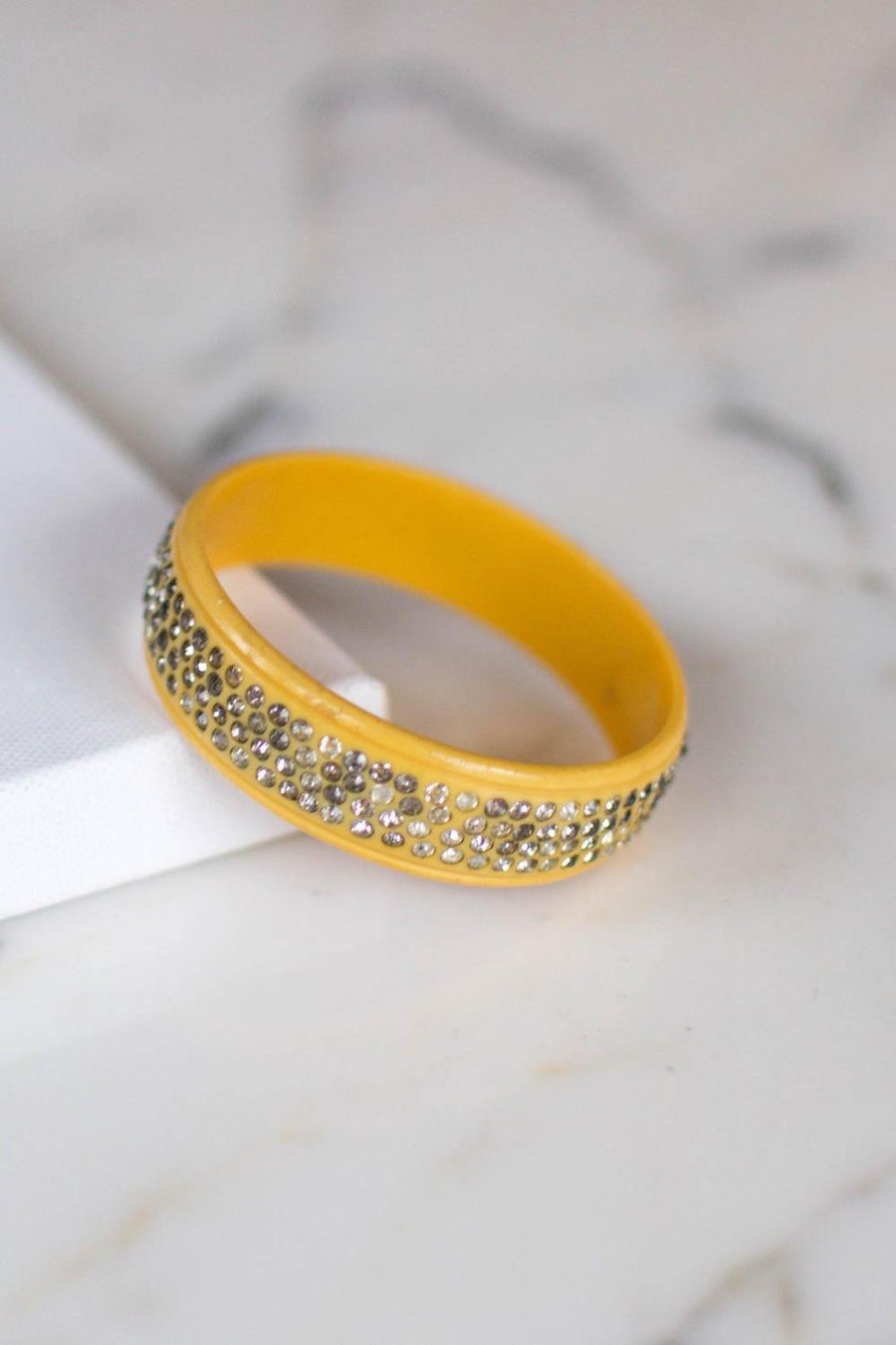 Art Deco Yellow Celluloid Bangle Bracelet with Rhinestones by Art Deco - Vintage Meet Modern Vintage Jewelry - Chicago, Illinois - #oldhollywoodglamour #vintagemeetmodern #designervintage #jewelrybox #antiquejewelry #vintagejewelry