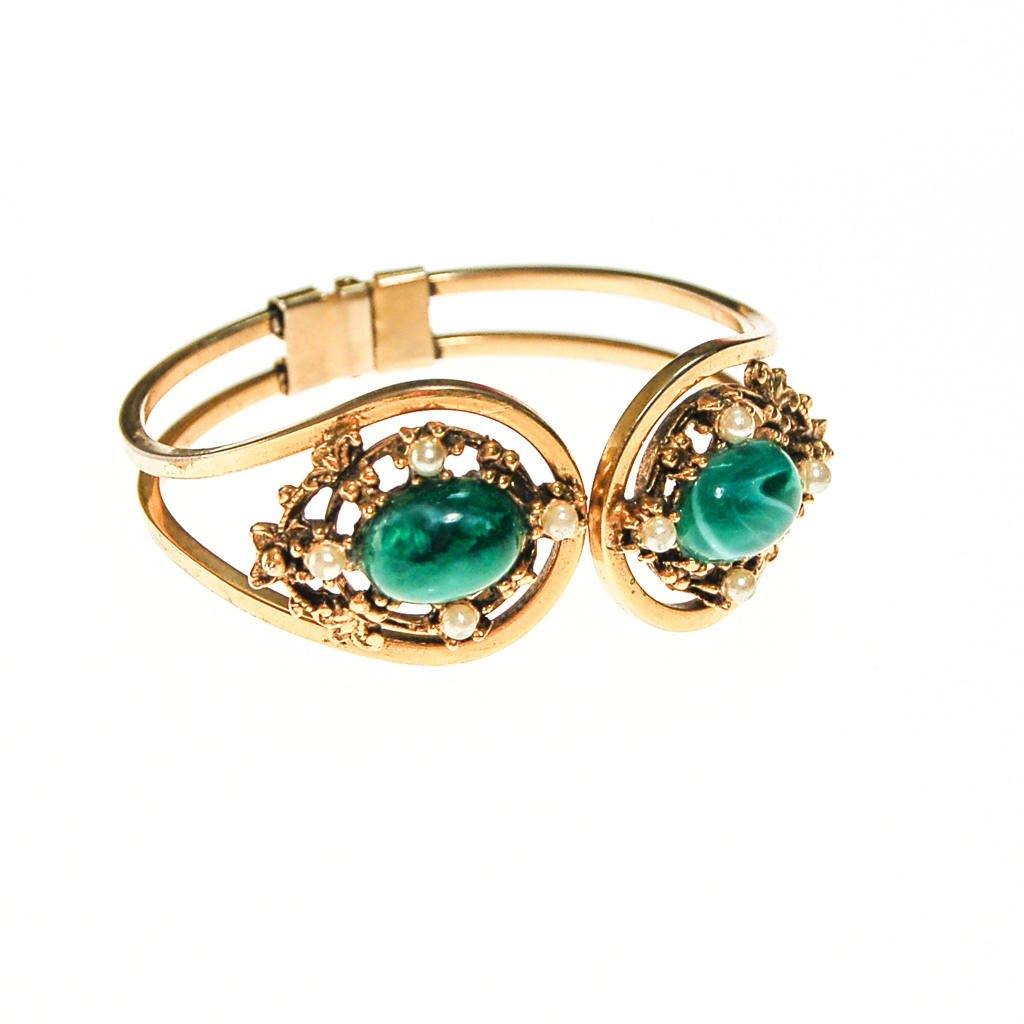 Faux Emerald and Seed Pearl Victorian Revival Clamper Bracelet by Victorian Revival - Vintage Meet Modern Vintage Jewelry - Chicago, Illinois - #oldhollywoodglamour #vintagemeetmodern #designervintage #jewelrybox #antiquejewelry #vintagejewelry