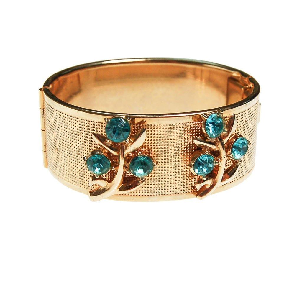 Gold Bangle Bracelet with Blue Rhinestones by Mid Century Modern - Vintage Meet Modern Vintage Jewelry - Chicago, Illinois - #oldhollywoodglamour #vintagemeetmodern #designervintage #jewelrybox #antiquejewelry #vintagejewelry