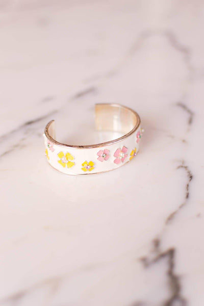 Pink and Yellow Flower White Enamel Cuff Bracelet with Rhinestones, Pearls by Unsigned Beauty - Vintage Meet Modern Vintage Jewelry - Chicago, Illinois - #oldhollywoodglamour #vintagemeetmodern #designervintage #jewelrybox #antiquejewelry #vintagejewelry