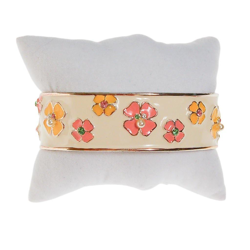 Pink and Yellow Flower White Enamel Cuff Bracelet with Rhinestones, Pearls by Unsigned Beauty - Vintage Meet Modern Vintage Jewelry - Chicago, Illinois - #oldhollywoodglamour #vintagemeetmodern #designervintage #jewelrybox #antiquejewelry #vintagejewelry