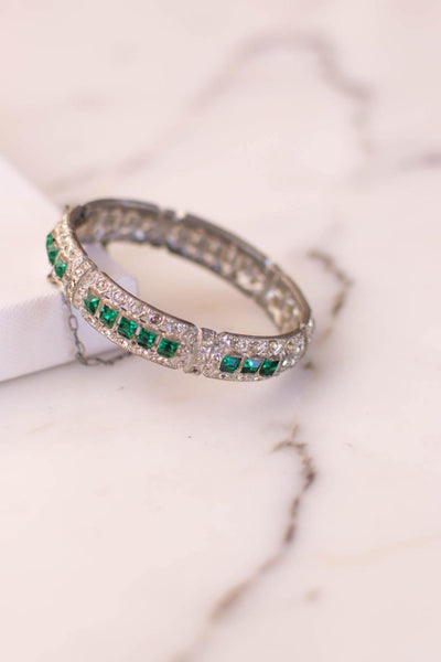 Art Deco Emerald and Diamante Paste Rhinestone Bangle Bracelet by Art Deco - Vintage Meet Modern Vintage Jewelry - Chicago, Illinois - #oldhollywoodglamour #vintagemeetmodern #designervintage #jewelrybox #antiquejewelry #vintagejewelry