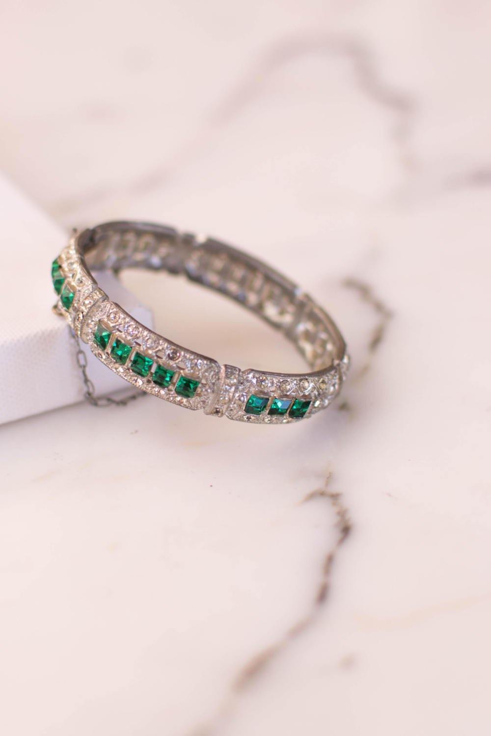 Art Deco Emerald and Diamante Paste Rhinestone Bangle Bracelet