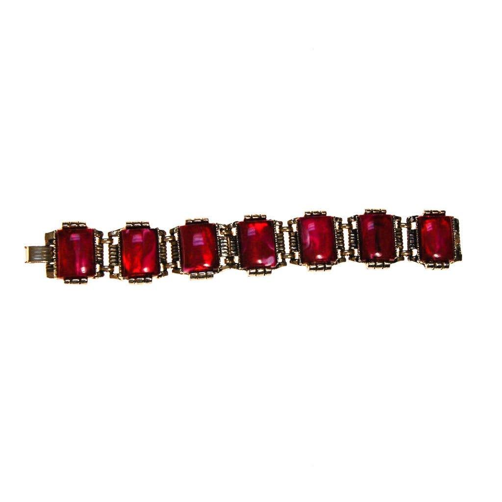 Red Thermoset Panel Bracelet Set in Antique Gold Tone by Thermoset - Vintage Meet Modern Vintage Jewelry - Chicago, Illinois - #oldhollywoodglamour #vintagemeetmodern #designervintage #jewelrybox #antiquejewelry #vintagejewelry