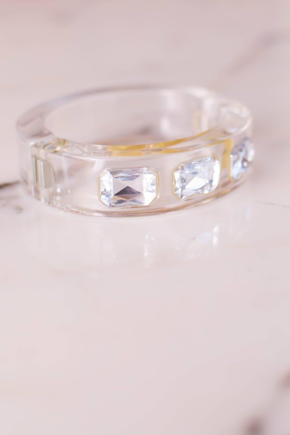 Clear Lucite Hinged Bangle Bracelet with huge channel set rhinestones