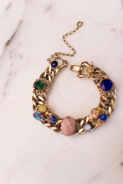 Colorful Art Glass, Rhinestone, Chain Link Bracelet by Unsigned Beauty - Vintage Meet Modern Vintage Jewelry - Chicago, Illinois - #oldhollywoodglamour #vintagemeetmodern #designervintage #jewelrybox #antiquejewelry #vintagejewelry