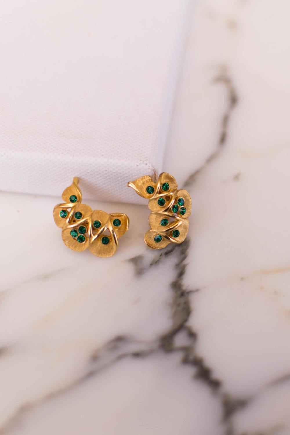 Kramer Gold Tone with Green Rhinestone Ear Crawler Earrings by Kramer - Vintage Meet Modern Vintage Jewelry - Chicago, Illinois - #oldhollywoodglamour #vintagemeetmodern #designervintage #jewelrybox #antiquejewelry #vintagejewelry