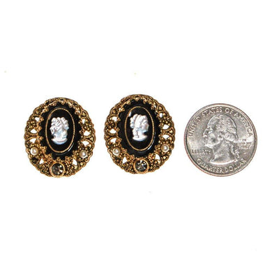 West Germany Cameo Earrings, Black, White, and Gold, Rhinestones, Faux Pearls, Oval Shape, Clip On, 1950s Era by West Germany - Vintage Meet Modern Vintage Jewelry - Chicago, Illinois - #oldhollywoodglamour #vintagemeetmodern #designervintage #jewelrybox #antiquejewelry #vintagejewelry