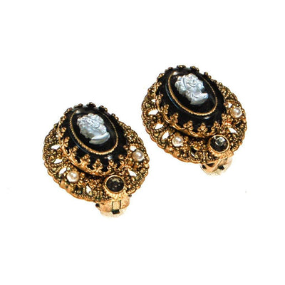 West Germany Cameo Earrings, Black, White, and Gold, Rhinestones, Faux Pearls, Oval Shape, Clip On, 1950s Era by West Germany - Vintage Meet Modern Vintage Jewelry - Chicago, Illinois - #oldhollywoodglamour #vintagemeetmodern #designervintage #jewelrybox #antiquejewelry #vintagejewelry