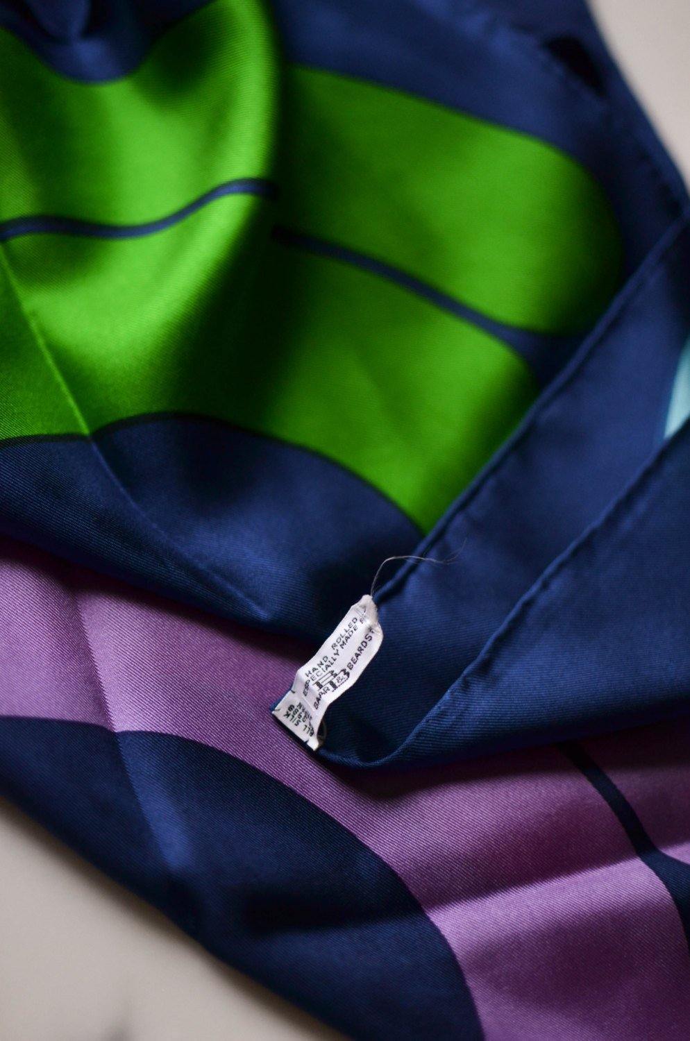 Mod Geometric Silk Scarf, Blue, Green, Purple, Pink by Baar & Beards by Baar & Beards - Vintage Meet Modern Vintage Jewelry - Chicago, Illinois - #oldhollywoodglamour #vintagemeetmodern #designervintage #jewelrybox #antiquejewelry #vintagejewelry