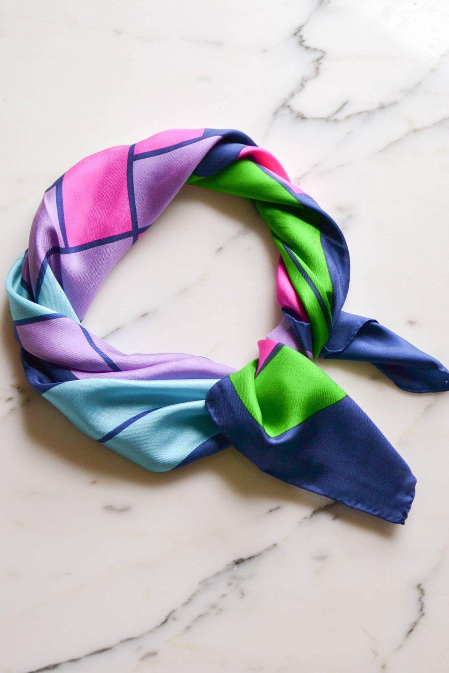 Mod Geometric Silk Scarf, Blue, Green, Purple, Pink by Baar & Beards by Baar & Beards - Vintage Meet Modern Vintage Jewelry - Chicago, Illinois - #oldhollywoodglamour #vintagemeetmodern #designervintage #jewelrybox #antiquejewelry #vintagejewelry