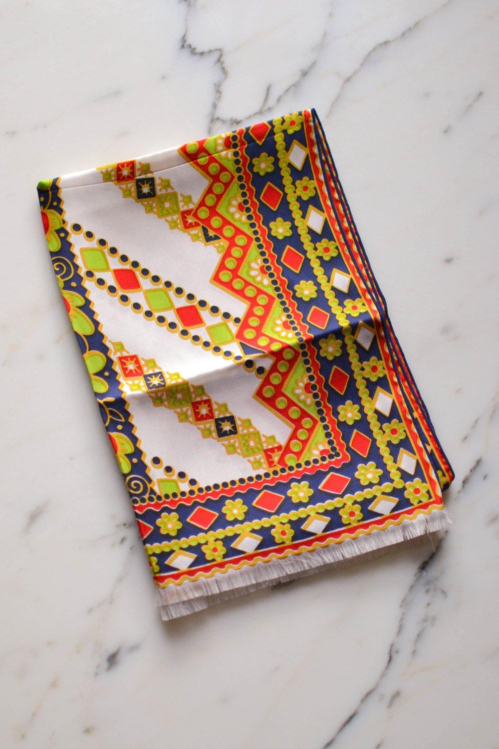 Orange, White, Navy, Lime Green, Silk Scarf, Marshall Fields, Made in France by Mashall Fields - Vintage Meet Modern Vintage Jewelry - Chicago, Illinois - #oldhollywoodglamour #vintagemeetmodern #designervintage #jewelrybox #antiquejewelry #vintagejewelry