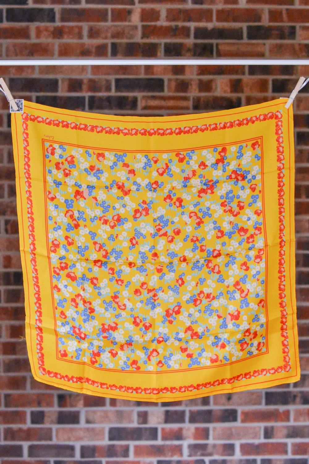 Echo Chinon Silk Scarf, Colorful, Bright, Yellow, Red, White, Square Shape, 1960s by Echo - Vintage Meet Modern Vintage Jewelry - Chicago, Illinois - #oldhollywoodglamour #vintagemeetmodern #designervintage #jewelrybox #antiquejewelry #vintagejewelry