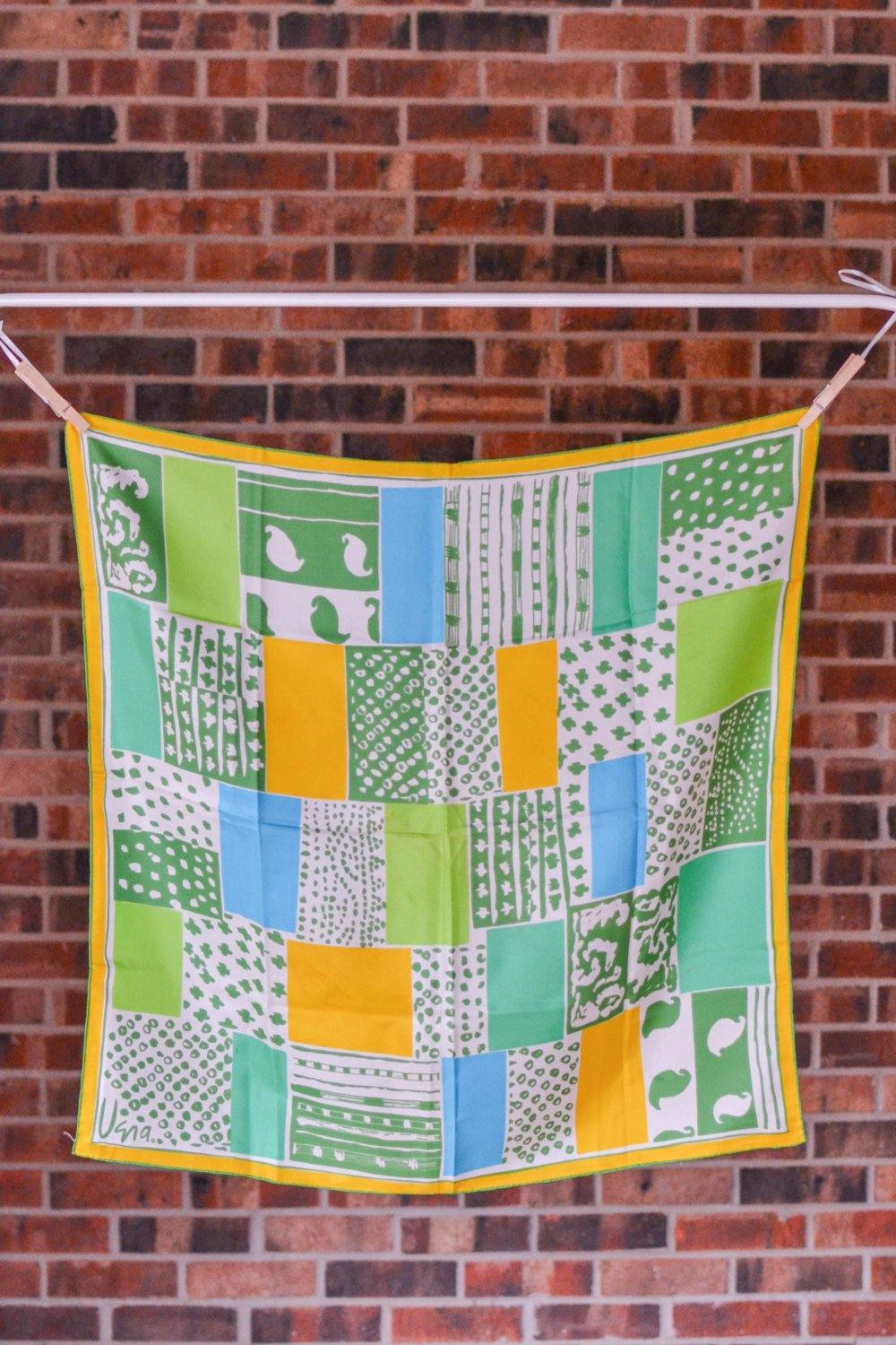 Vera 100% silk scarf, Blue, Green, Yellow, White by Vera - Vintage Meet Modern Vintage Jewelry - Chicago, Illinois - #oldhollywoodglamour #vintagemeetmodern #designervintage #jewelrybox #antiquejewelry #vintagejewelry