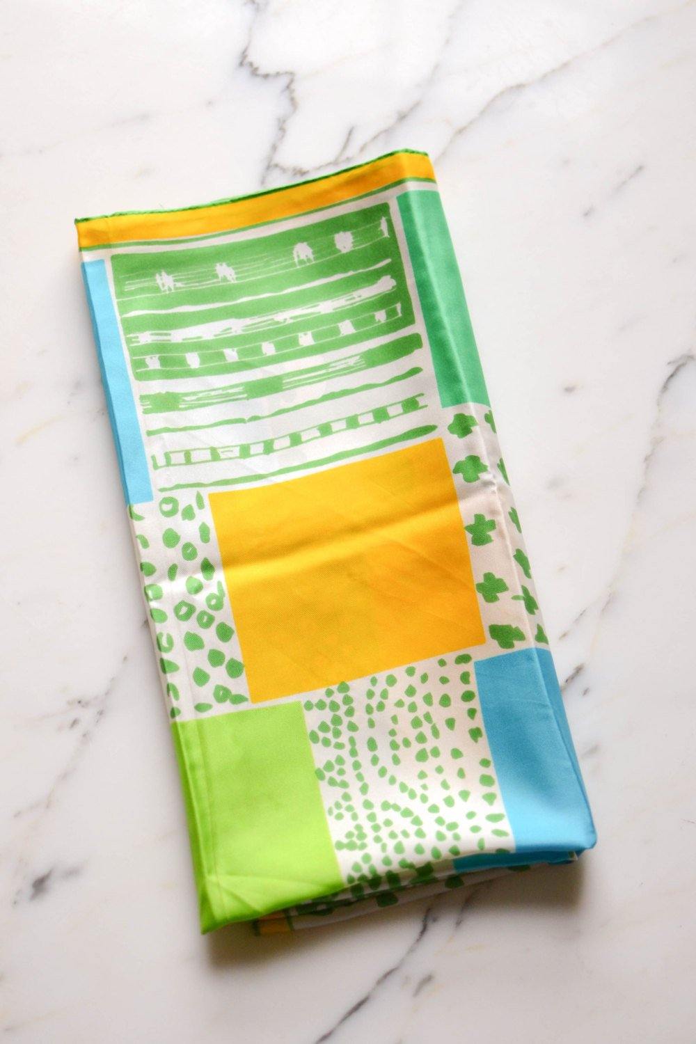 Vera 100% silk scarf, Blue, Green, Yellow, White by Vera - Vintage Meet Modern Vintage Jewelry - Chicago, Illinois - #oldhollywoodglamour #vintagemeetmodern #designervintage #jewelrybox #antiquejewelry #vintagejewelry