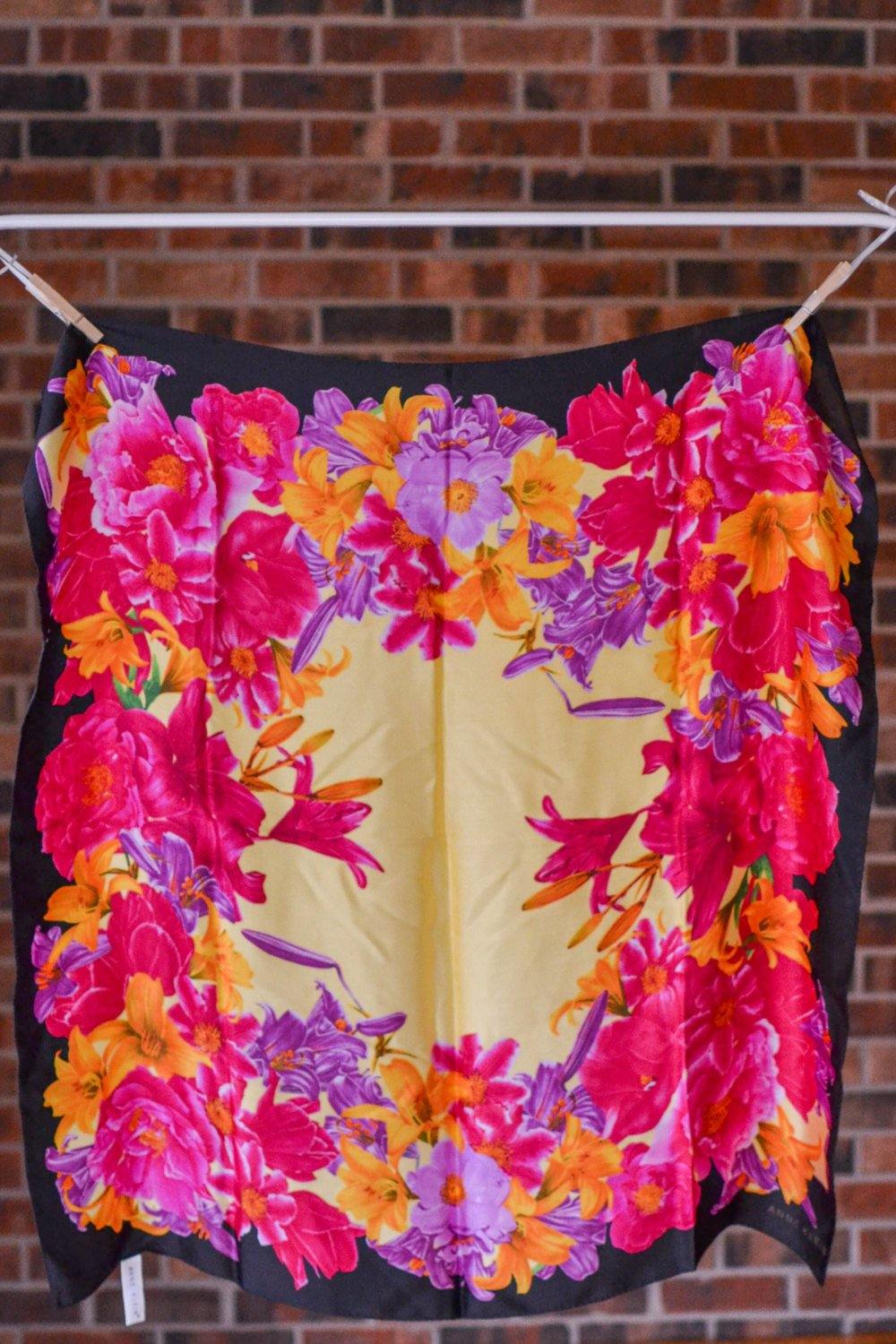 Orange, Pink, Purple Floral Silk Scarf by Anne Klein by Anne Klein - Vintage Meet Modern Vintage Jewelry - Chicago, Illinois - #oldhollywoodglamour #vintagemeetmodern #designervintage #jewelrybox #antiquejewelry #vintagejewelry