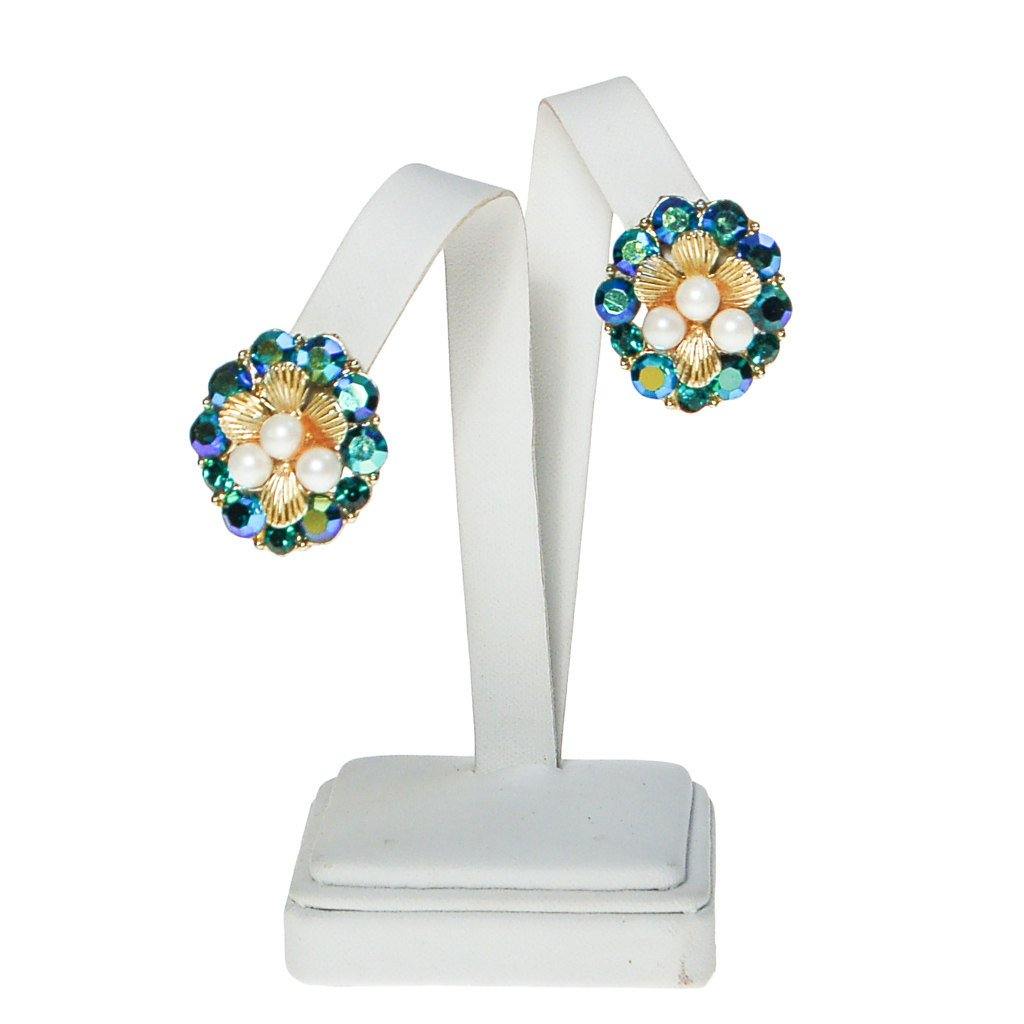 Pearl and Peacock Rhinestone Earrings by Unsigned Beauty - Vintage Meet Modern Vintage Jewelry - Chicago, Illinois - #oldhollywoodglamour #vintagemeetmodern #designervintage #jewelrybox #antiquejewelry #vintagejewelry
