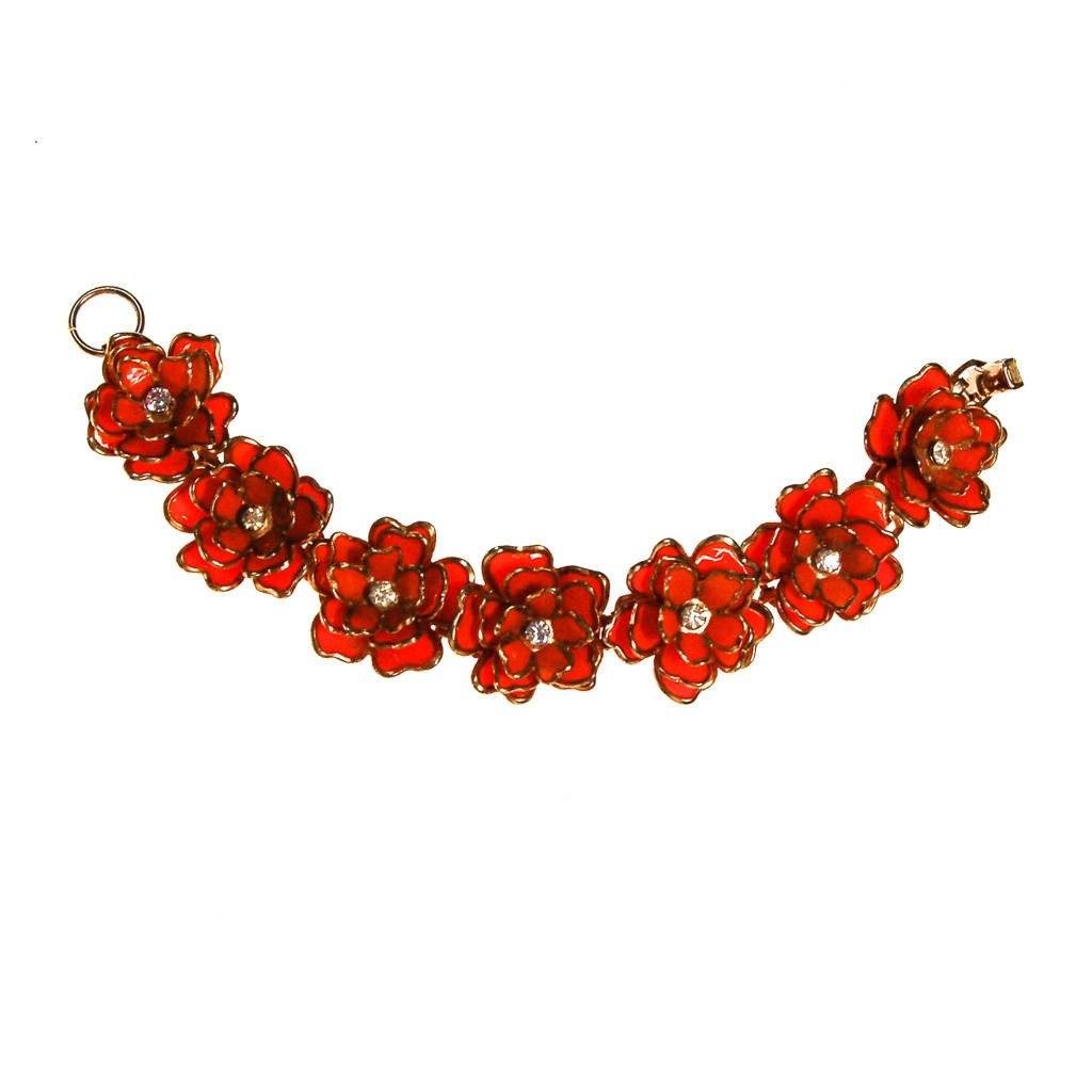 Orange Flower Bracelet, Rhinestone Center, Mid Century Modern by Mid Century Modern - Vintage Meet Modern Vintage Jewelry - Chicago, Illinois - #oldhollywoodglamour #vintagemeetmodern #designervintage #jewelrybox #antiquejewelry #vintagejewelry