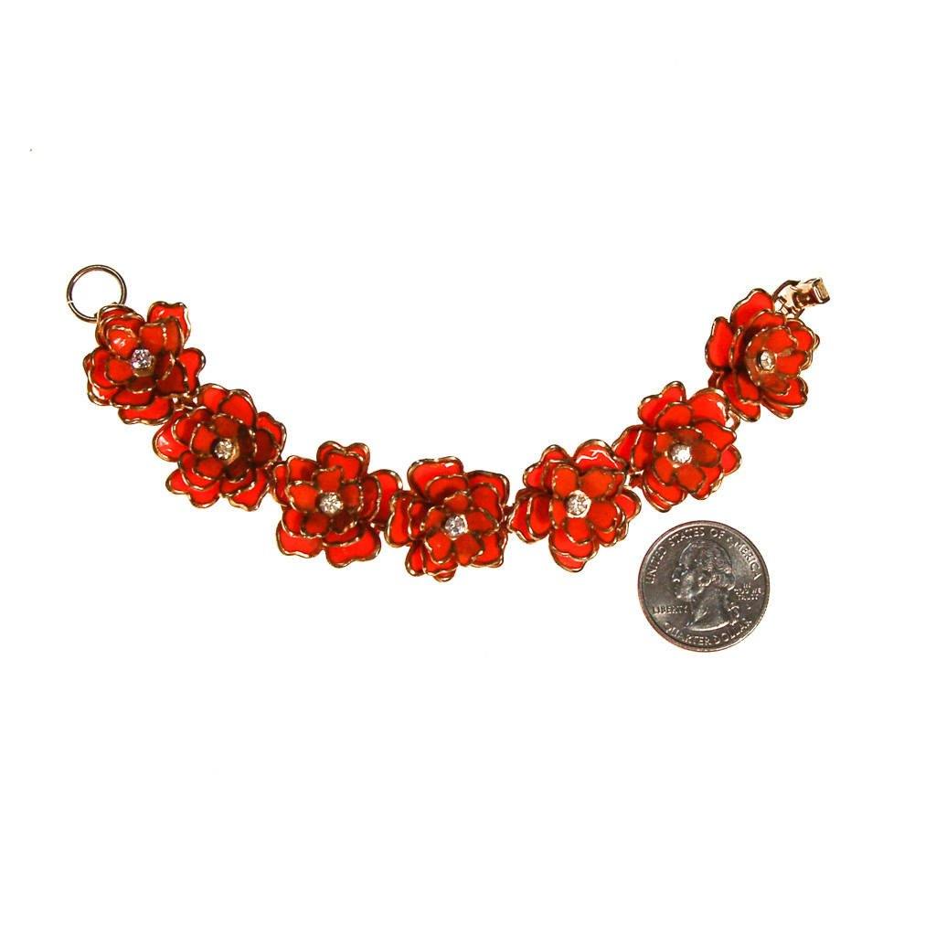 Orange Flower Bracelet, Rhinestone Center, Mid Century Modern by Mid Century Modern - Vintage Meet Modern Vintage Jewelry - Chicago, Illinois - #oldhollywoodglamour #vintagemeetmodern #designervintage #jewelrybox #antiquejewelry #vintagejewelry