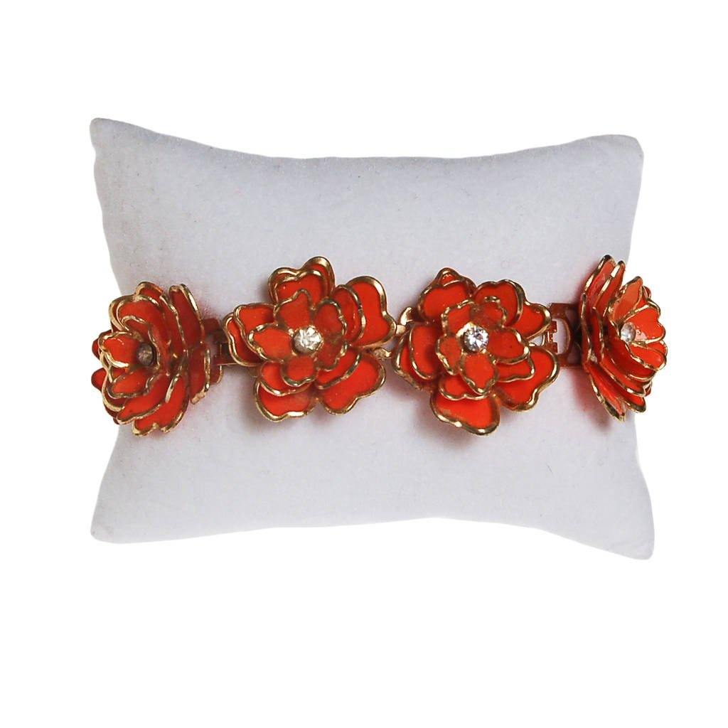 Orange Flower Bracelet, Rhinestone Center, Mid Century Modern by Mid Century Modern - Vintage Meet Modern Vintage Jewelry - Chicago, Illinois - #oldhollywoodglamour #vintagemeetmodern #designervintage #jewelrybox #antiquejewelry #vintagejewelry