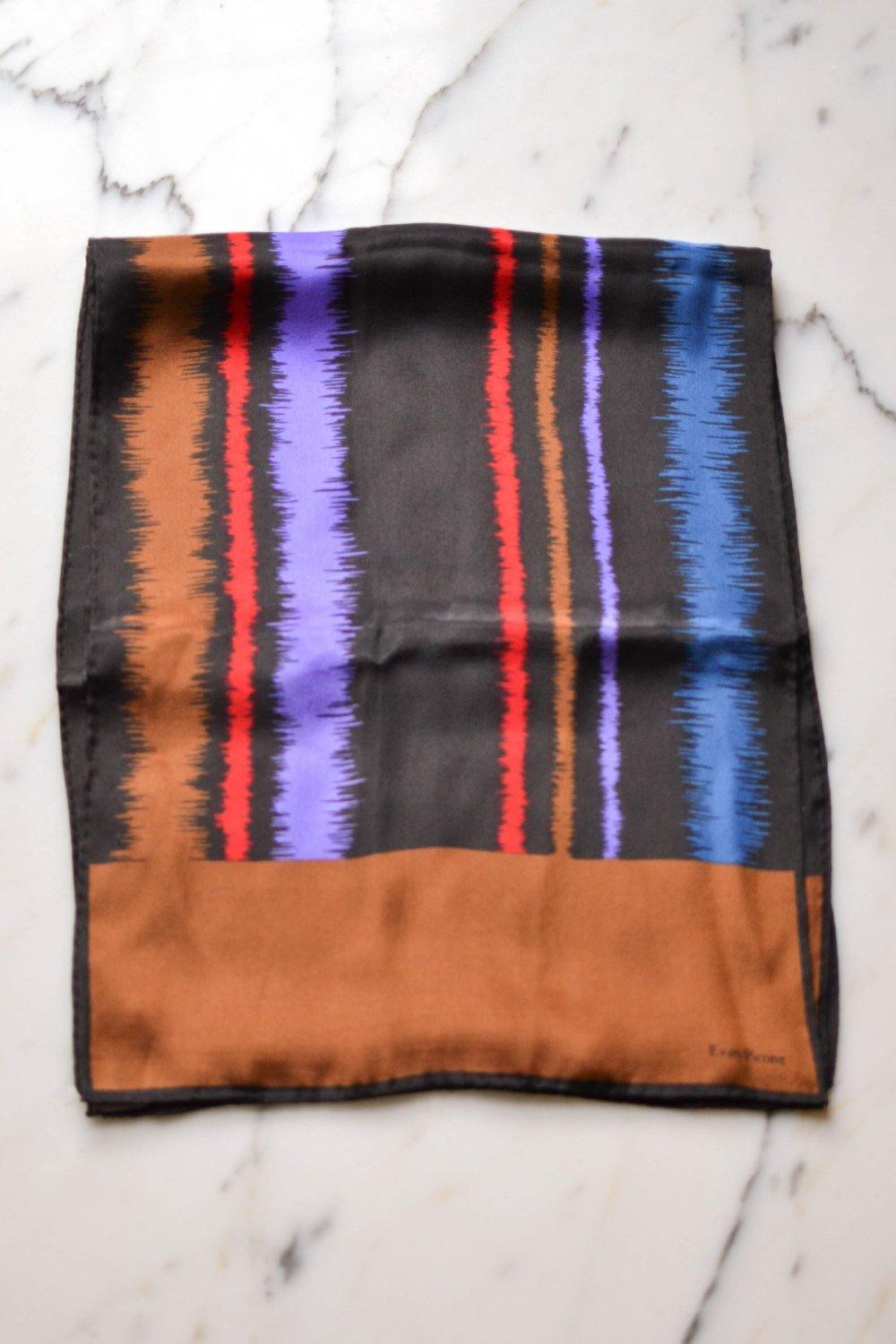 Evan Picone Silk Scarf, Brown, Black, Red, Purple, Blue, Linear by Evan Picone - Vintage Meet Modern Vintage Jewelry - Chicago, Illinois - #oldhollywoodglamour #vintagemeetmodern #designervintage #jewelrybox #antiquejewelry #vintagejewelry