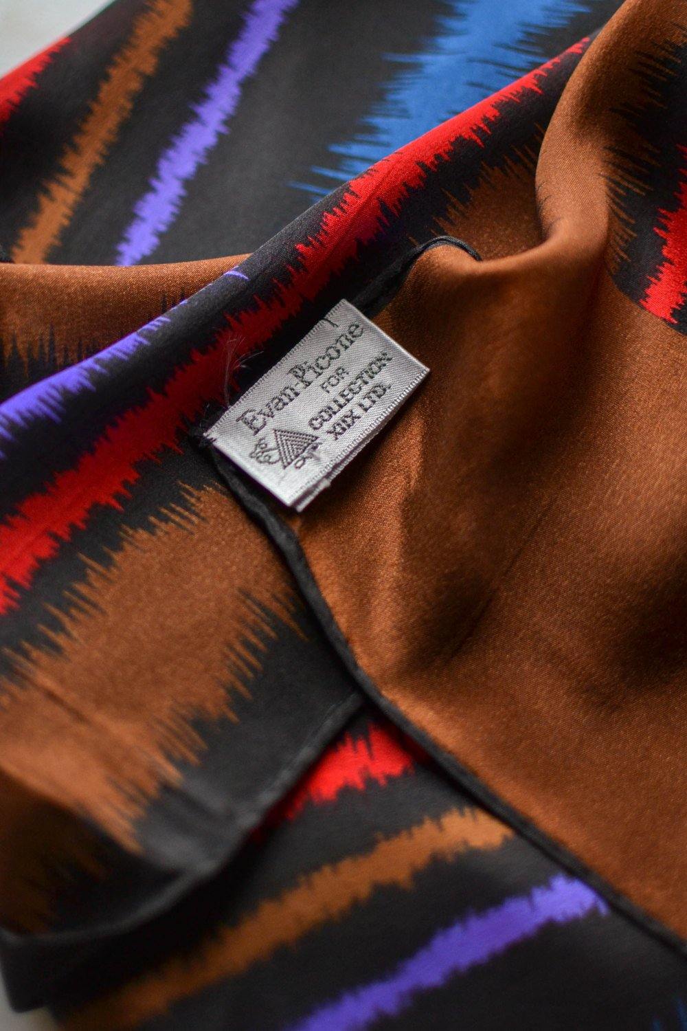 Evan Picone Silk Scarf, Brown, Black, Red, Purple, Blue, Linear by Evan Picone - Vintage Meet Modern Vintage Jewelry - Chicago, Illinois - #oldhollywoodglamour #vintagemeetmodern #designervintage #jewelrybox #antiquejewelry #vintagejewelry