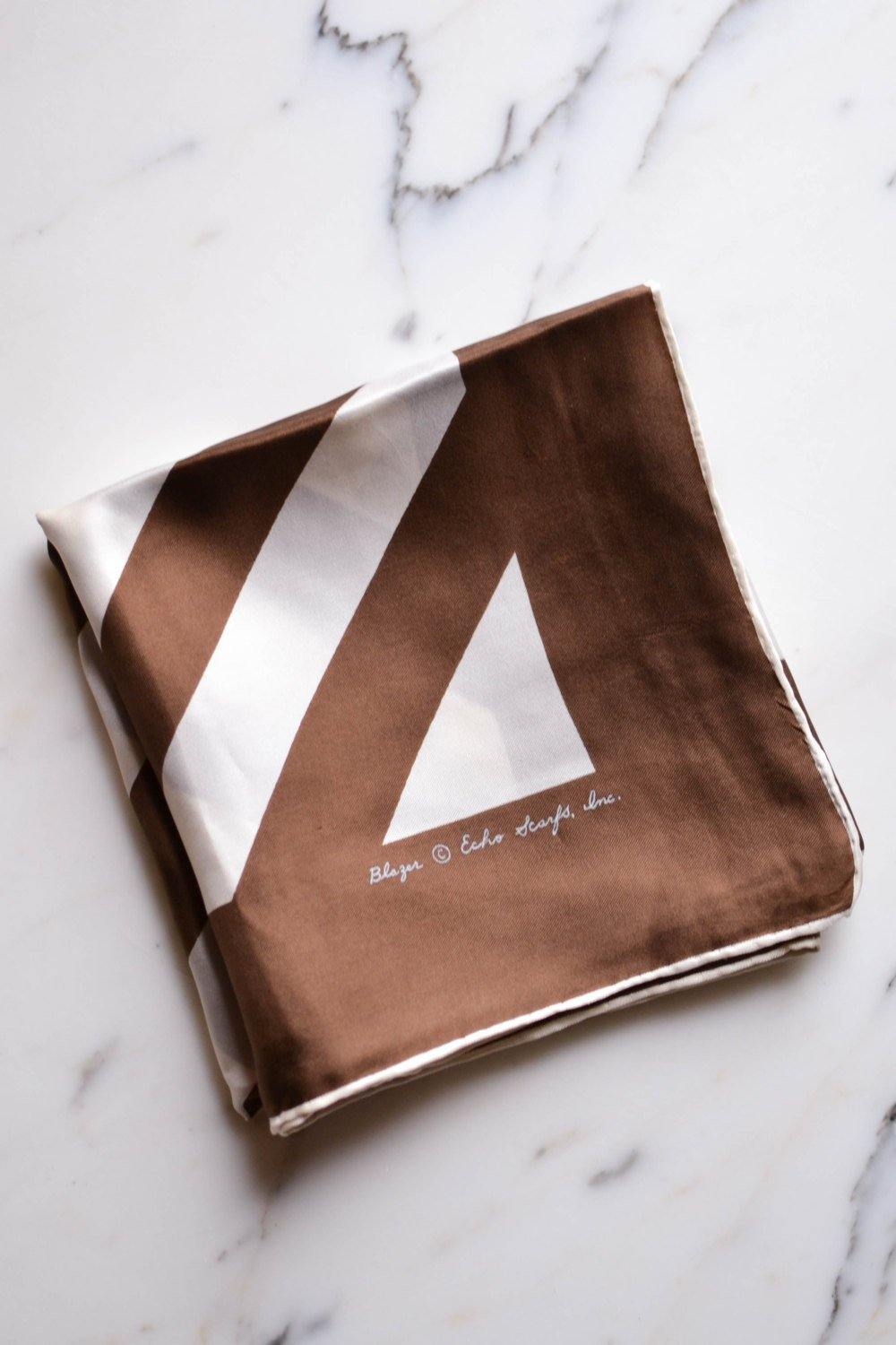 Echo Brown and Cream Silk Scarf, Square, 1970s by Echo - Vintage Meet Modern Vintage Jewelry - Chicago, Illinois - #oldhollywoodglamour #vintagemeetmodern #designervintage #jewelrybox #antiquejewelry #vintagejewelry