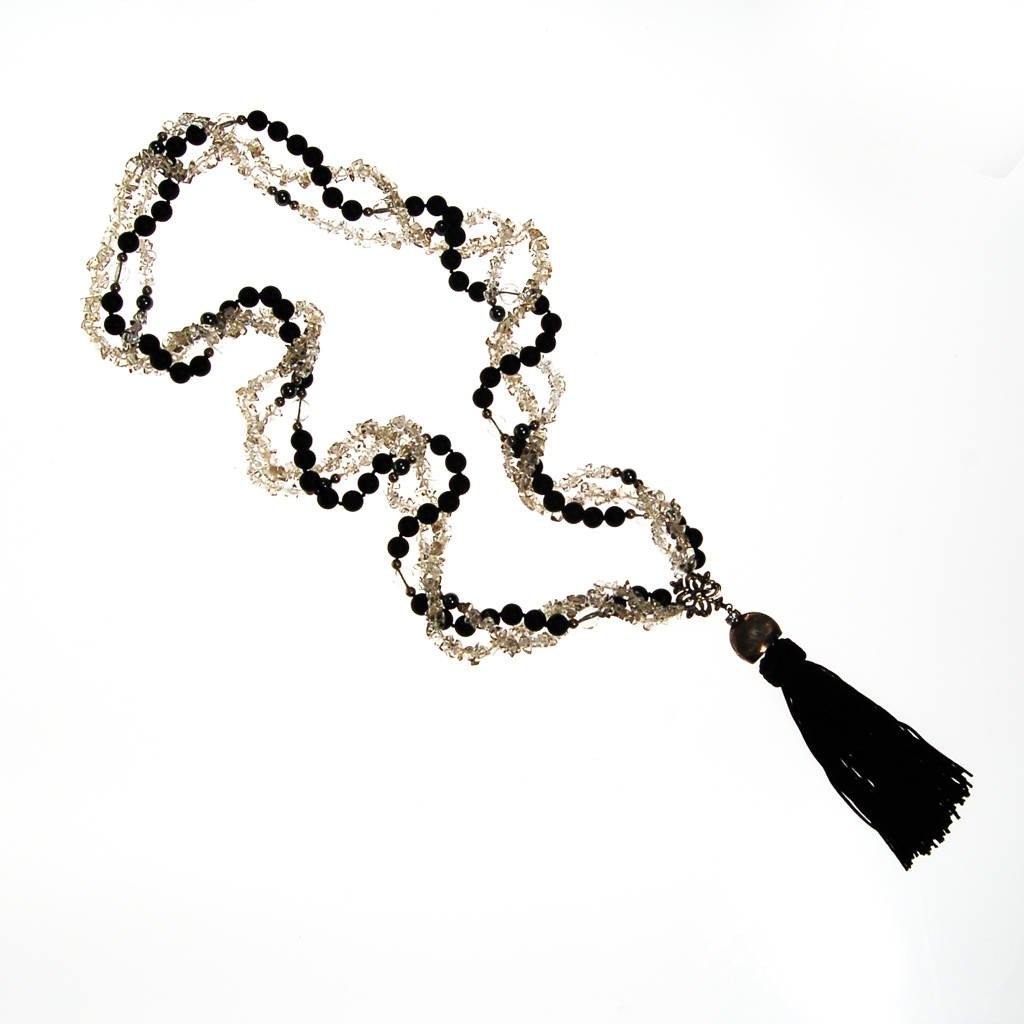 Black Bead and Quartz Crystal and  Long Tassel necklace