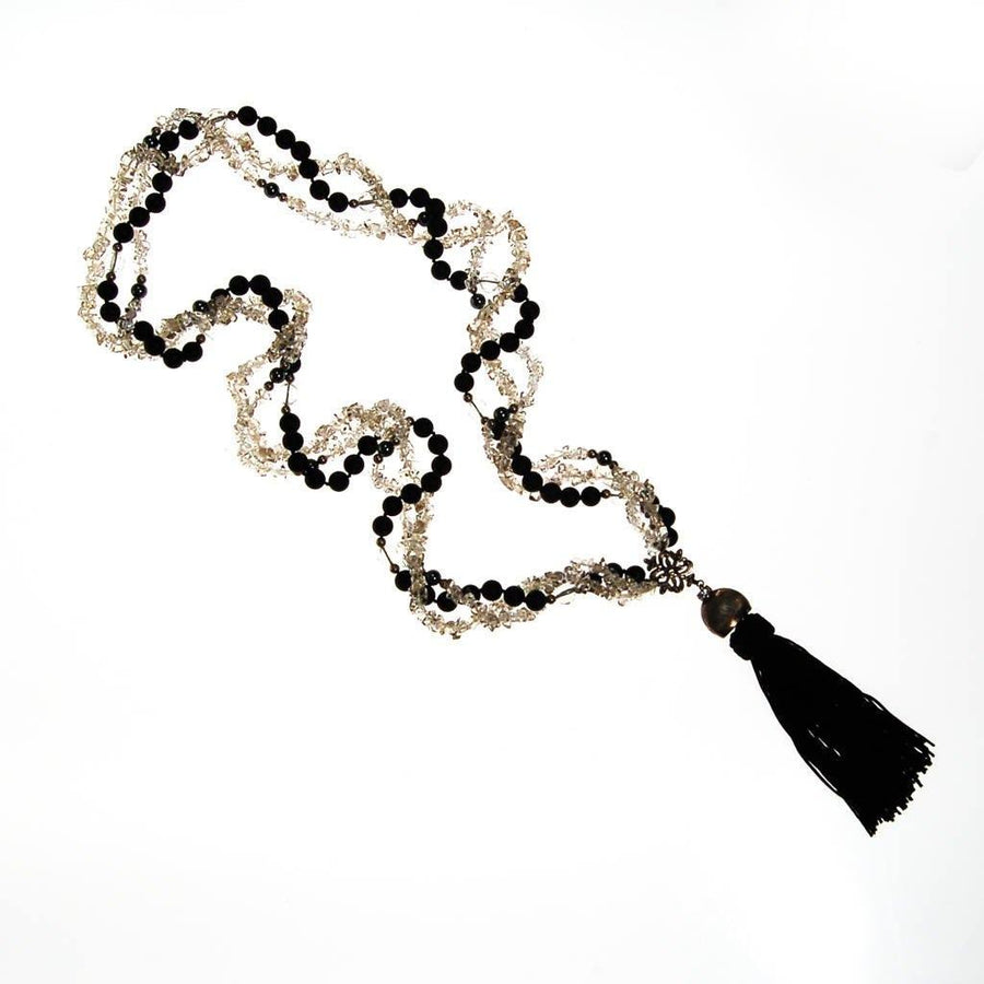 Black Bead and Quartz Crystal and  Long Tassel necklace by unsigned - Vintage Meet Modern Vintage Jewelry - Chicago, Illinois - #oldhollywoodglamour #vintagemeetmodern #designervintage #jewelrybox #antiquejewelry #vintagejewelry
