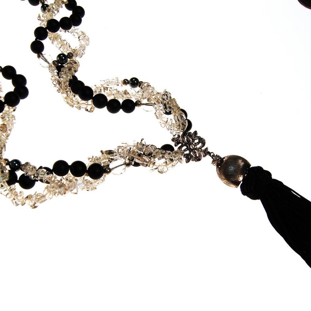 Black Bead and Quartz Crystal and  Long Tassel necklace by unsigned - Vintage Meet Modern Vintage Jewelry - Chicago, Illinois - #oldhollywoodglamour #vintagemeetmodern #designervintage #jewelrybox #antiquejewelry #vintagejewelry