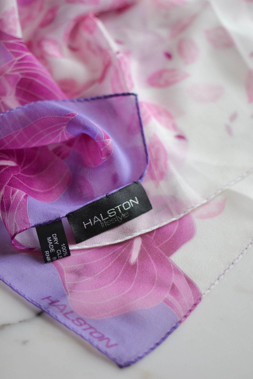 Pink and Purple Calla Lily Scarf by Halston by Halston - Vintage Meet Modern Vintage Jewelry - Chicago, Illinois - #oldhollywoodglamour #vintagemeetmodern #designervintage #jewelrybox #antiquejewelry #vintagejewelry