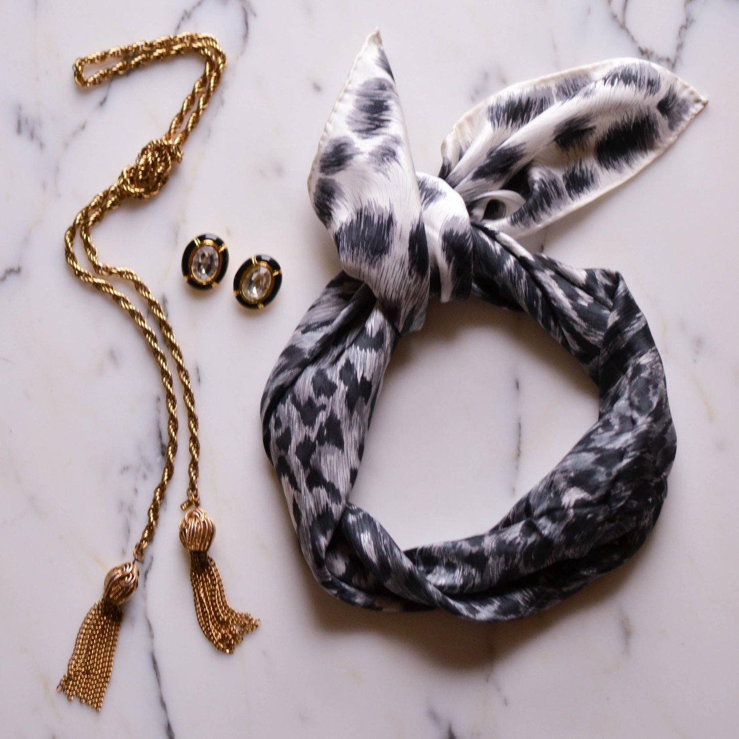 Black and White Leopard Silk Scarf by Echo by Echo - Vintage Meet Modern Vintage Jewelry - Chicago, Illinois - #oldhollywoodglamour #vintagemeetmodern #designervintage #jewelrybox #antiquejewelry #vintagejewelry