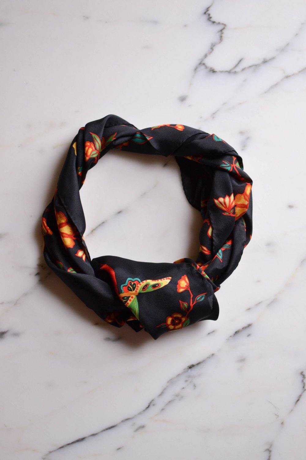 Colorful Silk Scarf with Butterflies and Flowers by Echo