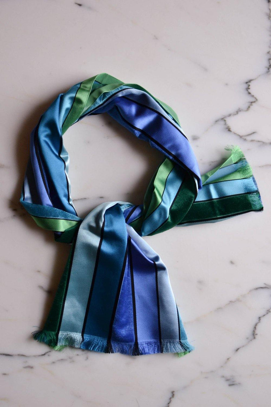 Blue and Green Striped Silk Scarf Made in France for Marshall Fields by Made in France - Vintage Meet Modern Vintage Jewelry - Chicago, Illinois - #oldhollywoodglamour #vintagemeetmodern #designervintage #jewelrybox #antiquejewelry #vintagejewelry