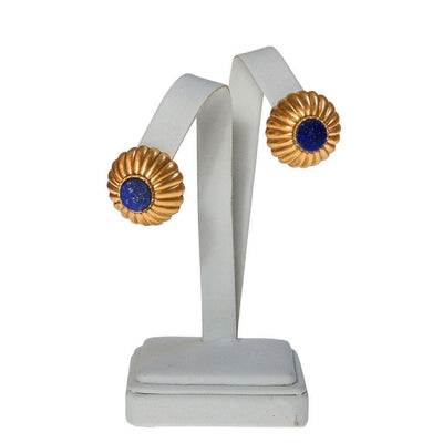 Gold and Lapis Round Medallion Earrings by WAG - Vintage Meet Modern Vintage Jewelry - Chicago, Illinois - #oldhollywoodglamour #vintagemeetmodern #designervintage #jewelrybox #antiquejewelry #vintagejewelry