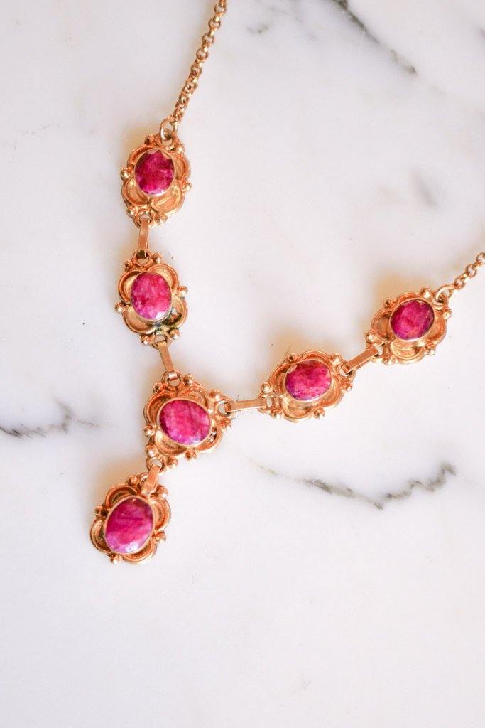Ruby Lavalier Necklace set in Gold Tone, Vintage India by Vintage India - Vintage Meet Modern Vintage Jewelry - Chicago, Illinois - #oldhollywoodglamour #vintagemeetmodern #designervintage #jewelrybox #antiquejewelry #vintagejewelry