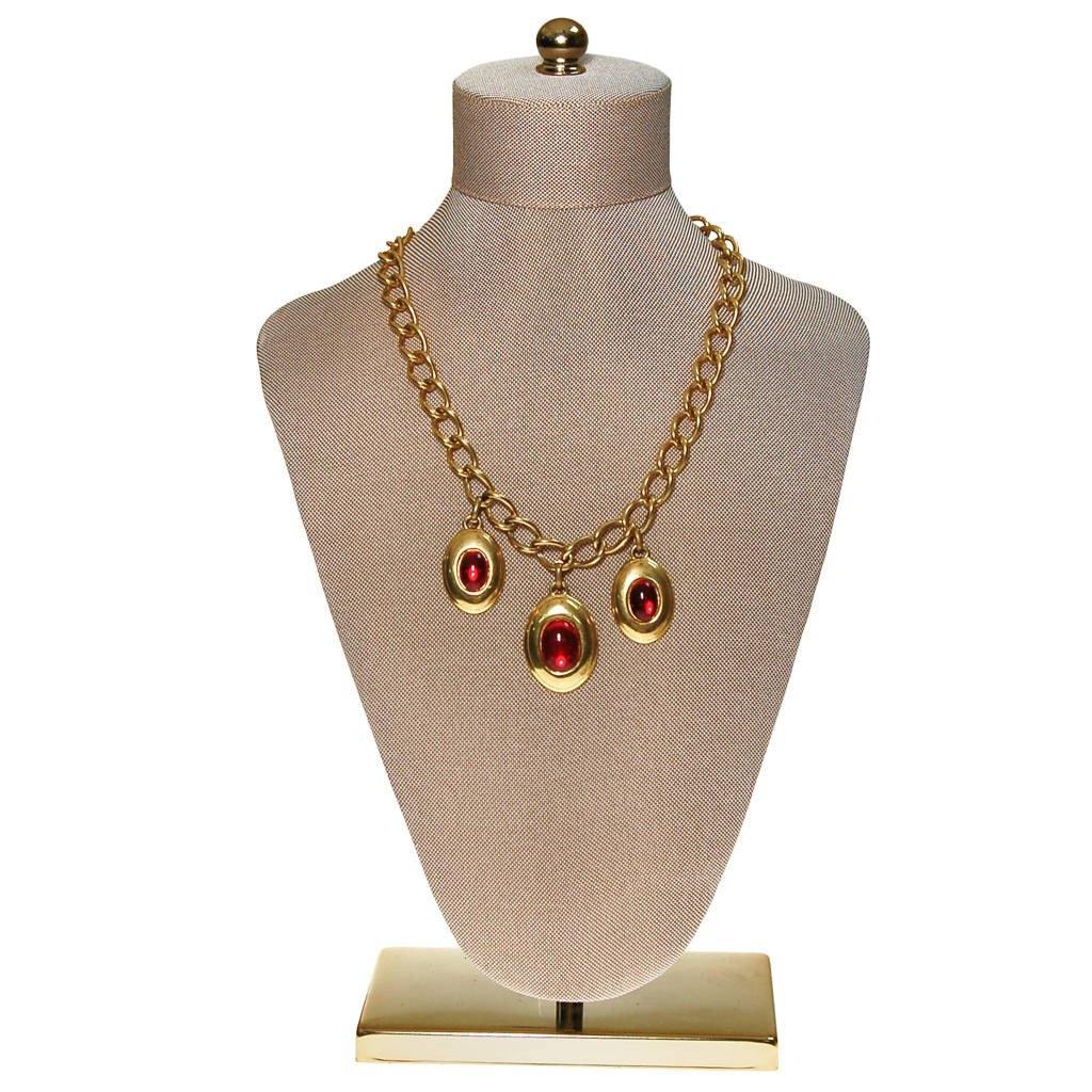 Napier Charm Necklace with Red Garnet Lucite Cabochons by Napier - Vintage Meet Modern Vintage Jewelry - Chicago, Illinois - #oldhollywoodglamour #vintagemeetmodern #designervintage #jewelrybox #antiquejewelry #vintagejewelry