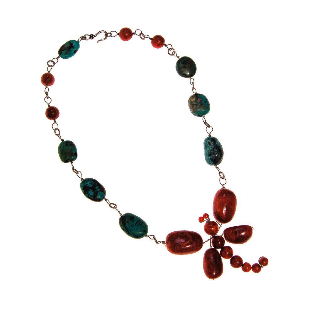 Coral And Turquoise Dragon Fly Necklace