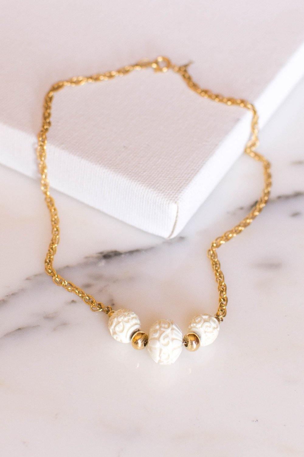 Crown Trifari Carved Three Bead Choker Necklace