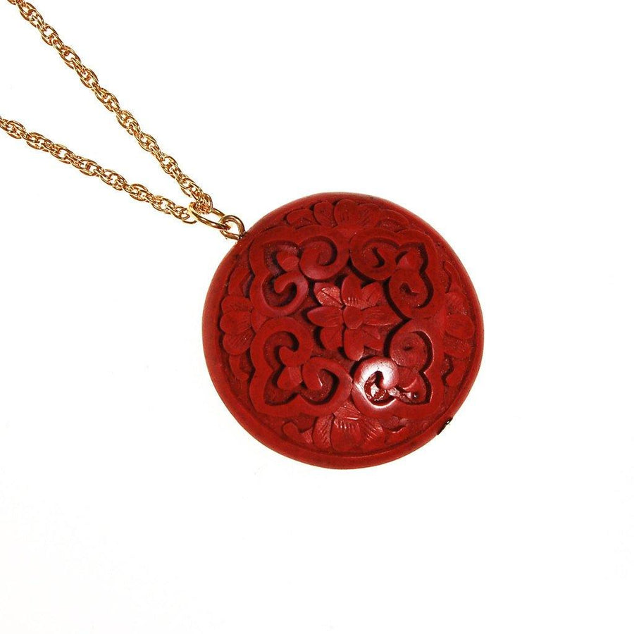 Carved Cinnabar Medallion Pendant Necklace by Chinese Export - Vintage Meet Modern Vintage Jewelry - Chicago, Illinois - #oldhollywoodglamour #vintagemeetmodern #designervintage #jewelrybox #antiquejewelry #vintagejewelry