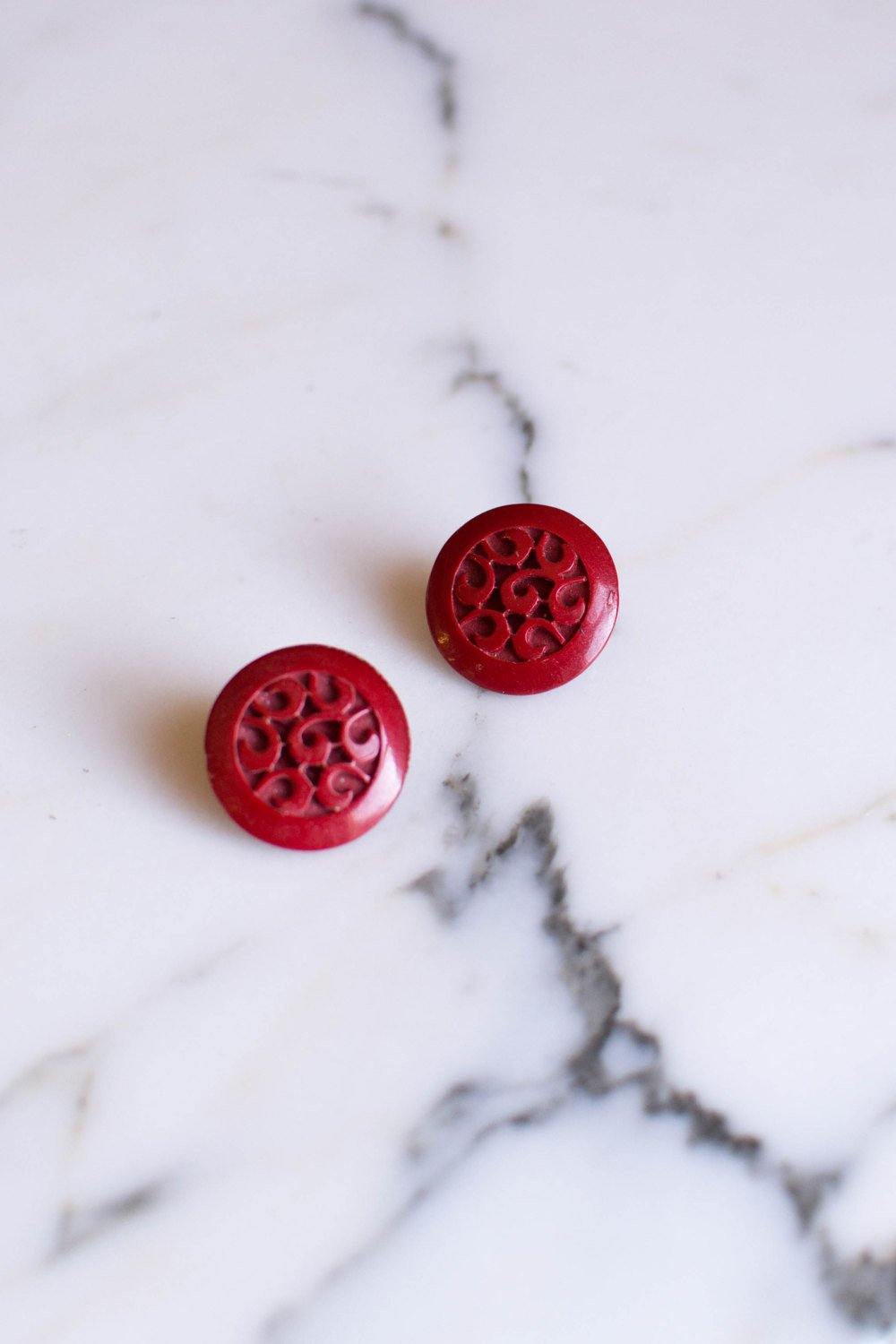 Red Cinnabar Earrings by Chinese Export - Vintage Meet Modern Vintage Jewelry - Chicago, Illinois - #oldhollywoodglamour #vintagemeetmodern #designervintage #jewelrybox #antiquejewelry #vintagejewelry