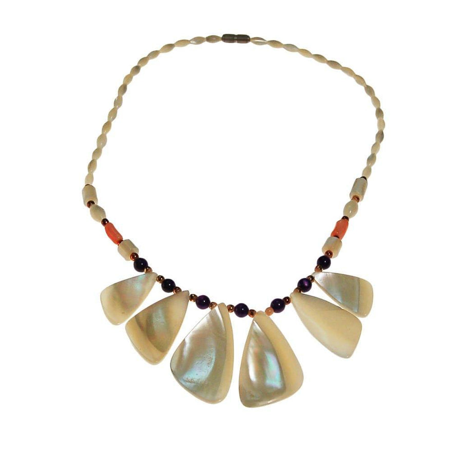 Mother of Pearl, Amethyst, and Coral Beaded Necklace by unsigned - Vintage Meet Modern Vintage Jewelry - Chicago, Illinois - #oldhollywoodglamour #vintagemeetmodern #designervintage #jewelrybox #antiquejewelry #vintagejewelry