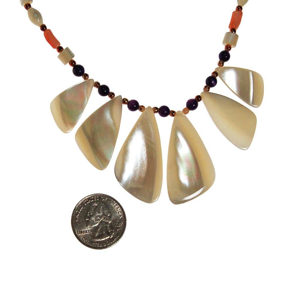 Mother of Pearl, Amethyst, and Coral Beaded Necklace by unsigned - Vintage Meet Modern Vintage Jewelry - Chicago, Illinois - #oldhollywoodglamour #vintagemeetmodern #designervintage #jewelrybox #antiquejewelry #vintagejewelry